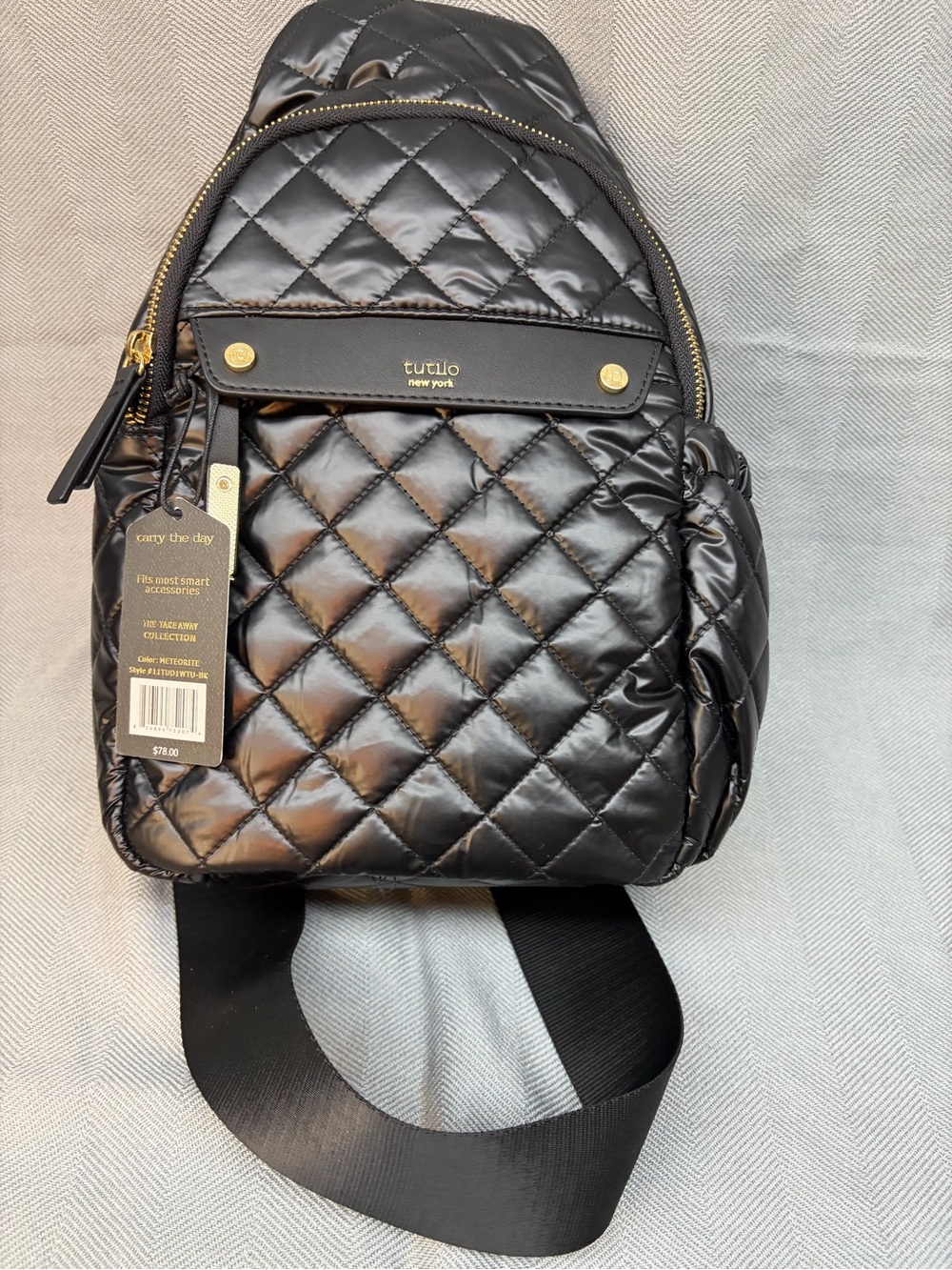NWT Tutilo  take away collection, puffer, sling bag black gold tone hardware